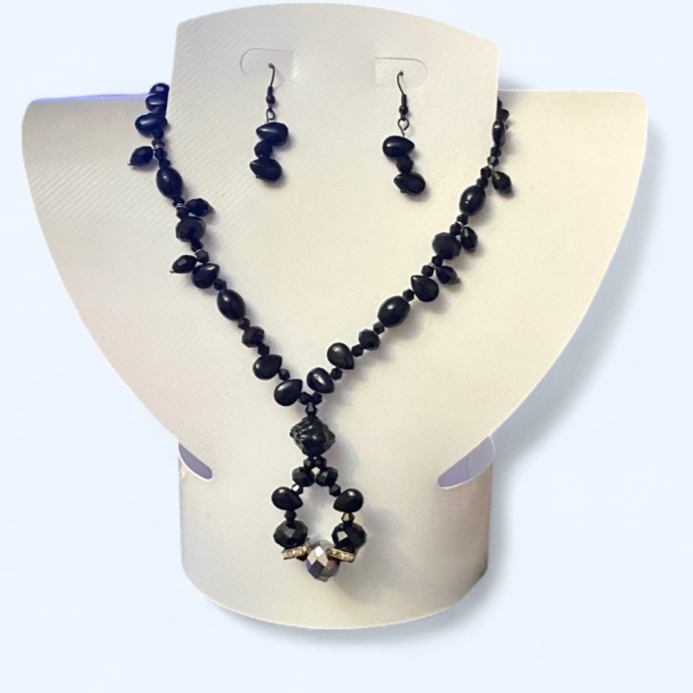 Gothic Black Crystal Beaded Necklace Set